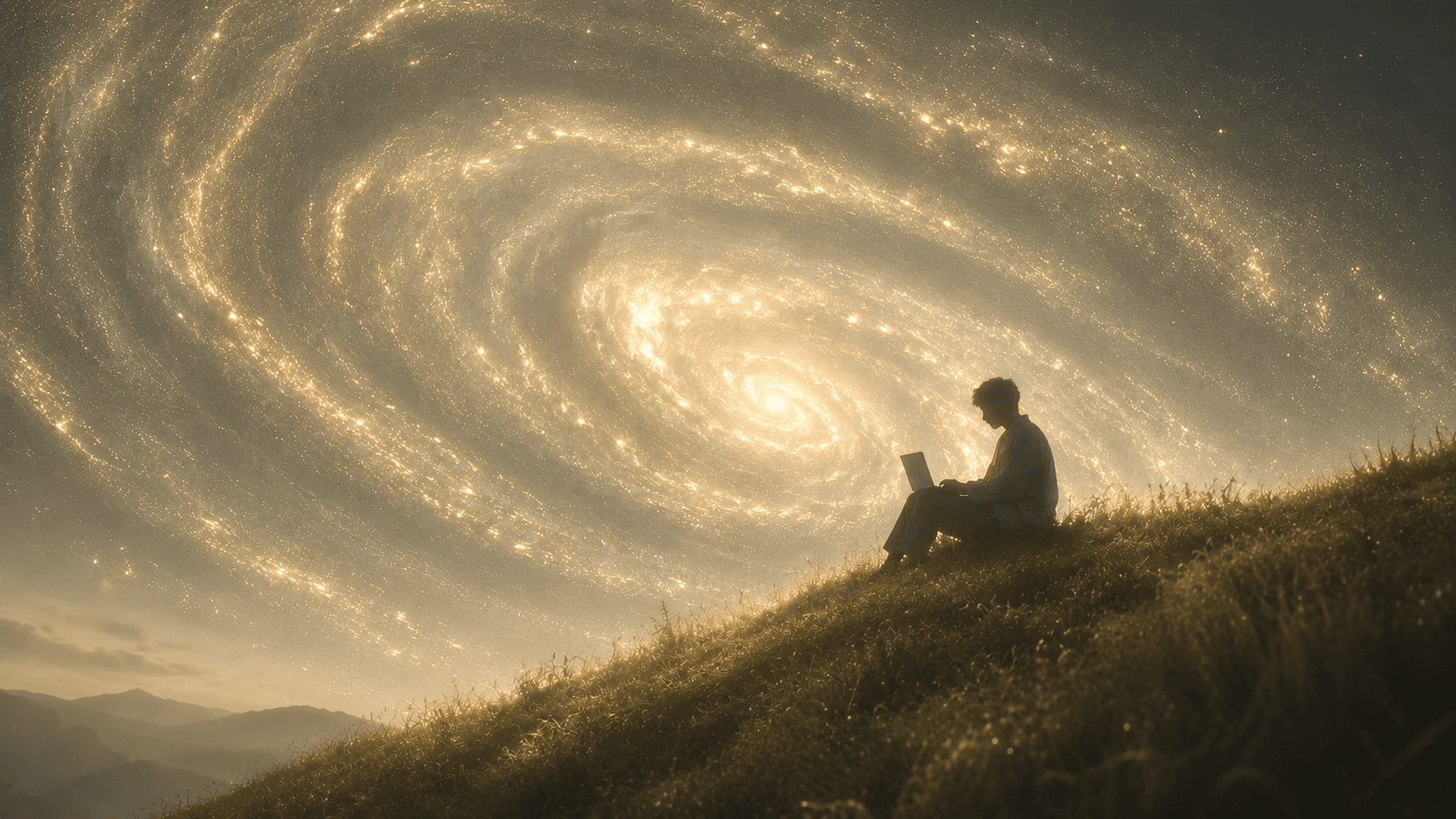 Person working on a laptop beneath a vast spiral galaxy, representing the scale and complexity of AI search optimization for B2B brands