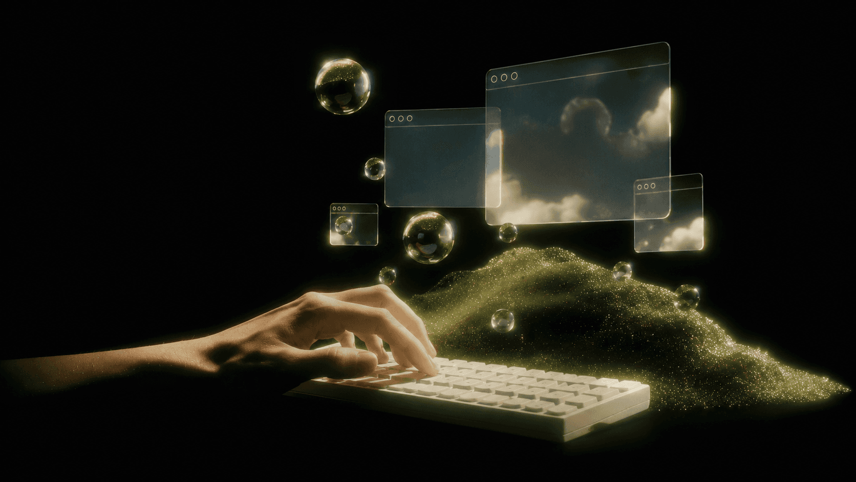 Hands typing on a keyboard as glowing browser windows and translucent orbs rise from a luminous green mound, representing how AI search engines retrieve and surface content from across the web.