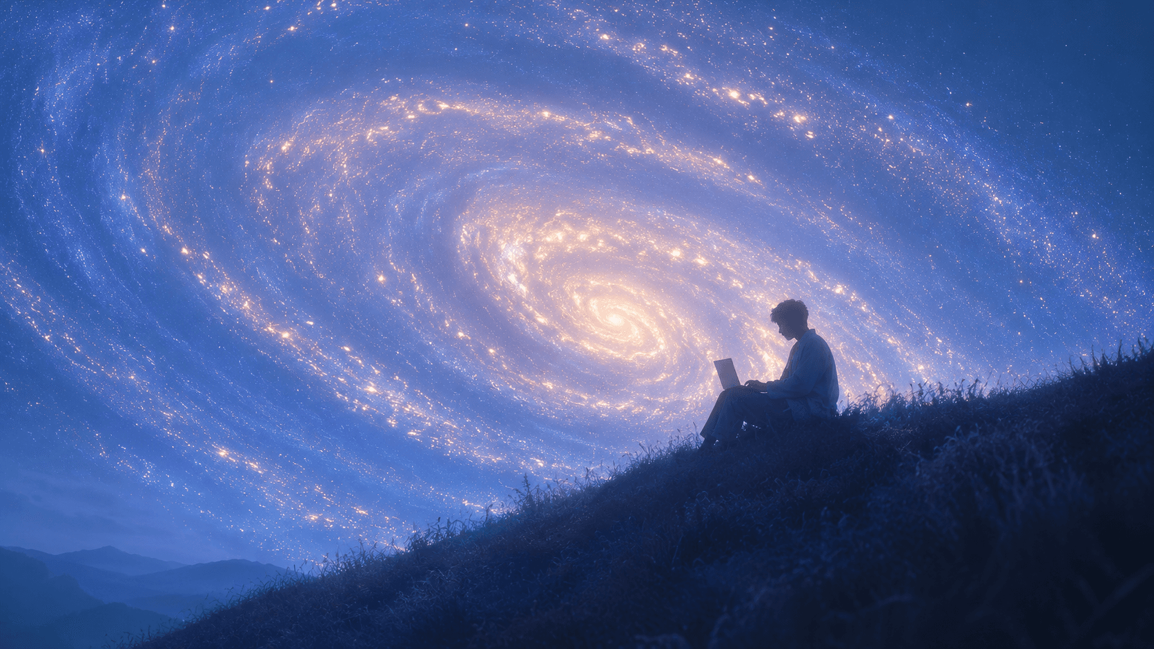 Person working on a laptop beneath a vast spiral galaxy, representing the scale and complexity of AI search optimization for B2B brands
